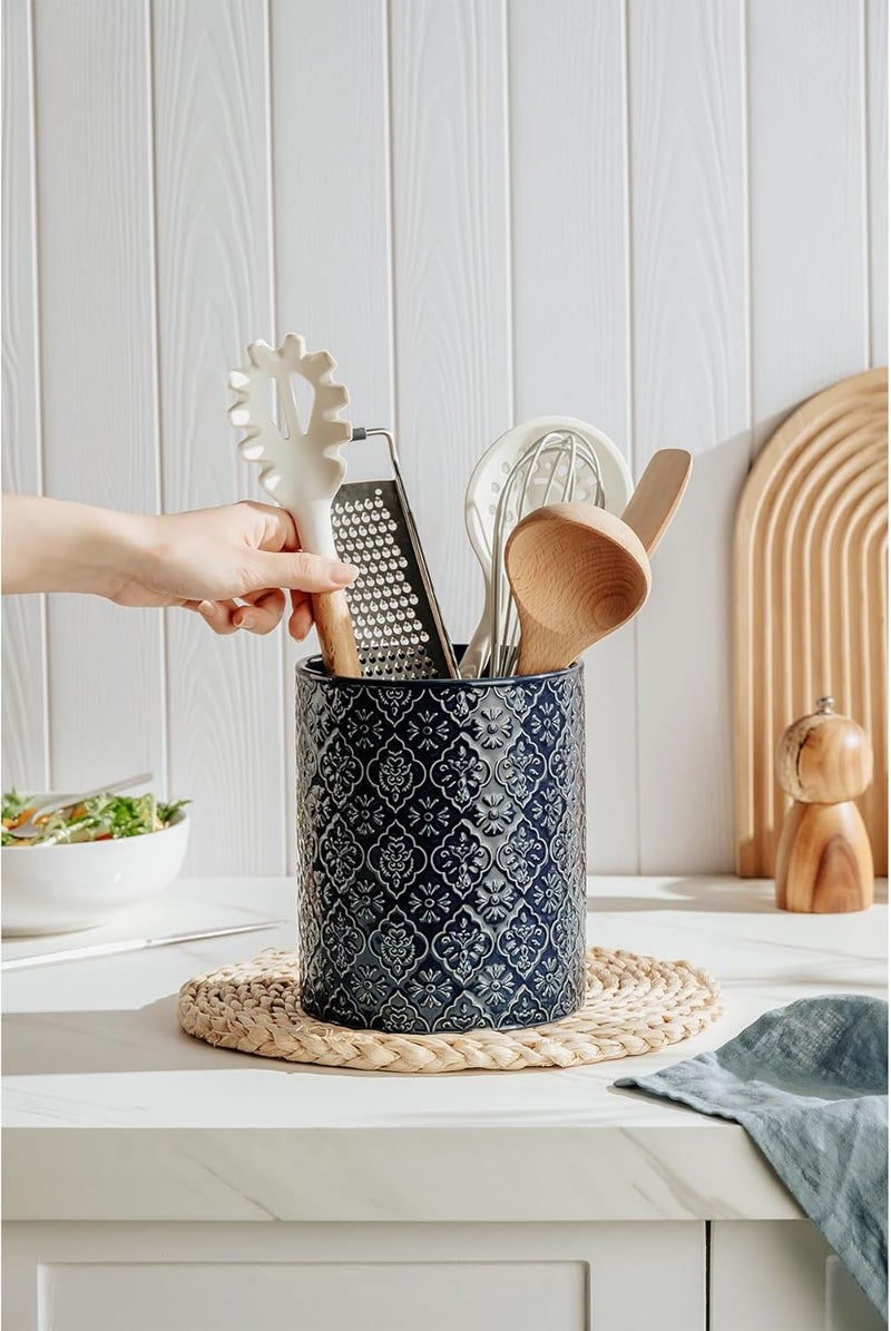 MIKIGEY Kitchen Utensil Holder, 6x7 inch Large Ceramic Utensil Holder with Embossed Pattern, Cooking Utensil Crocks for Kitchen Countertop, Home Decor, Blue - Image 5